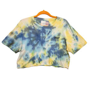 Short sleeve crew neck top blue yellow small tie-dye